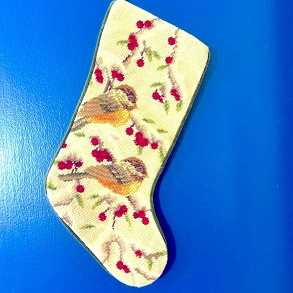 Vintage Needlepoint Christmas Doves on Snow Covered Tree Velvet Backed Stocking - Picture 1 of 6